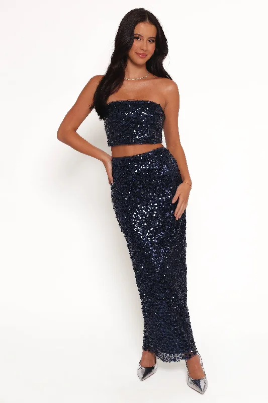 Casual Fit Glissy Sequin Skirt Set - Navy