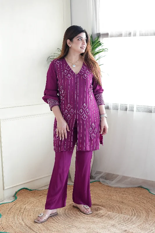 American Style Gulab Purple Embroidred Co ord Set
