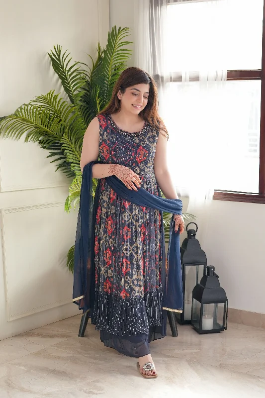 Warm Layers Blue Printed Long Slit Suit