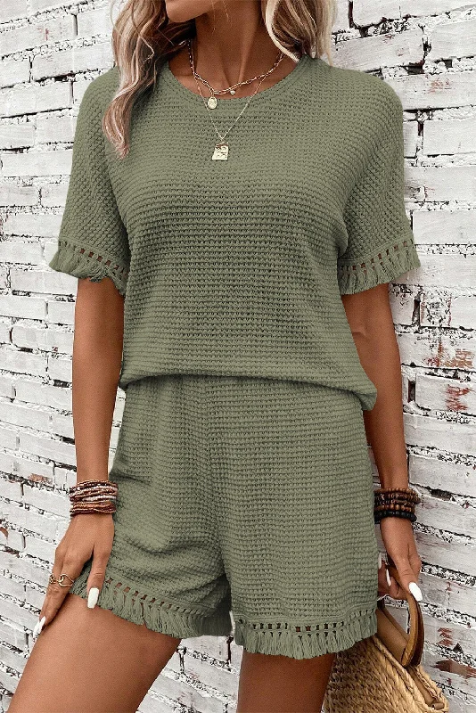 Cozy Chic Trends Laurel Green Fringe Trim Waffle Knit Textured Shorts Set
