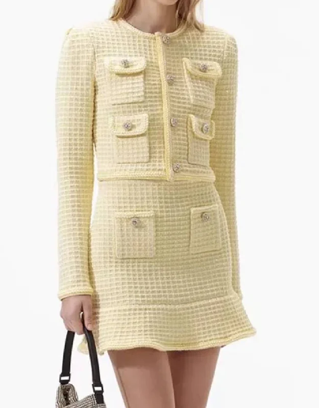 Comfortable Wear Yellow Knit Jacket And Skirt Set