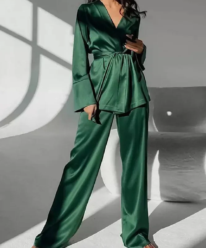 Casual Style Satin Robe and Trousers Loungewear Set In Green