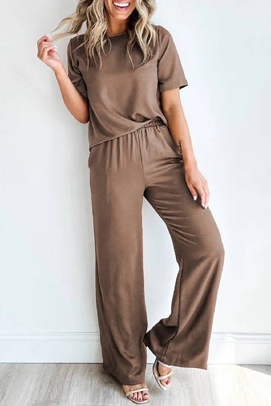 Versatile Casuals Smoke Gray Solid Color T-Shirt and Wide Leg Pants Set