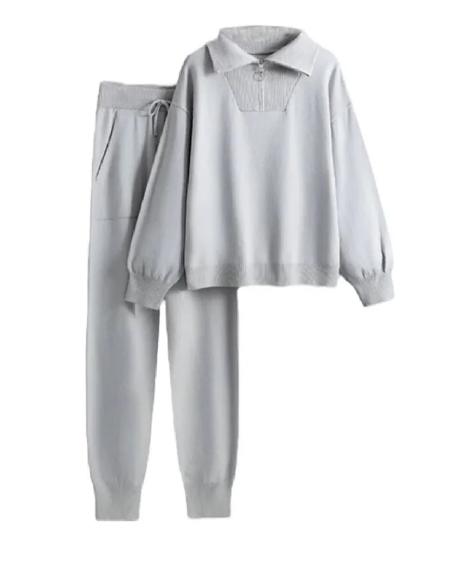 Versatile Comfort Knit Sweater With Zip Up Turtleneck And Long Pants