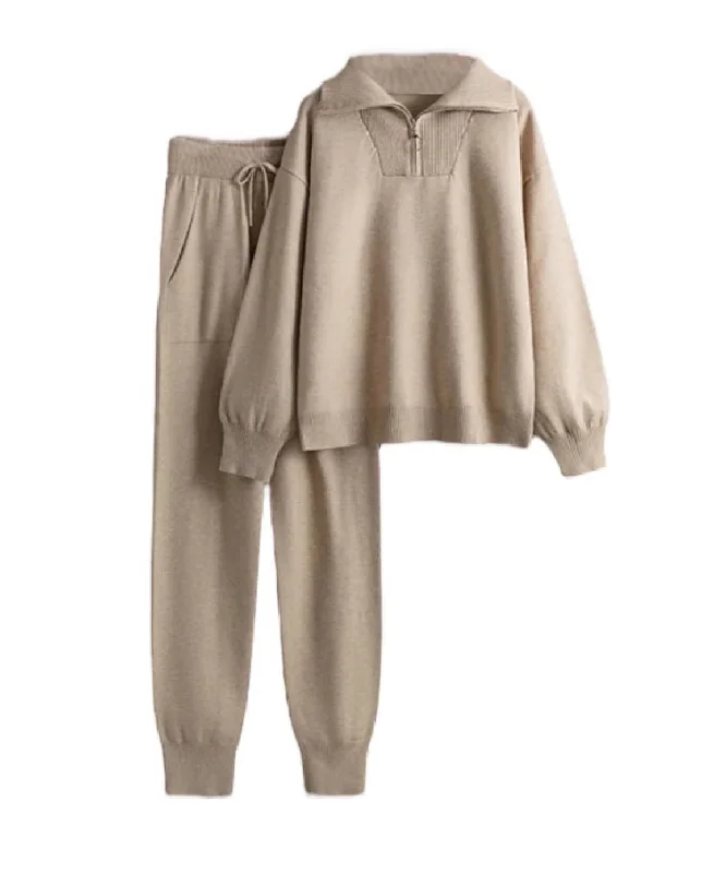 Casual Elegance Knit Sweater With Zip Up Turtleneck And Long Pants