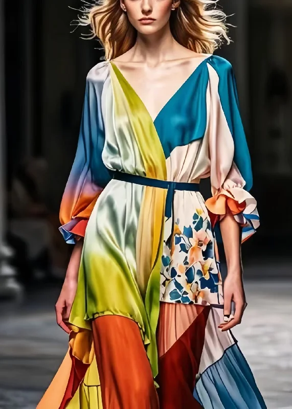 Exquisite Fabrics Organic Colorblock Cinched Tie Dye Silk Long Dresses Spring