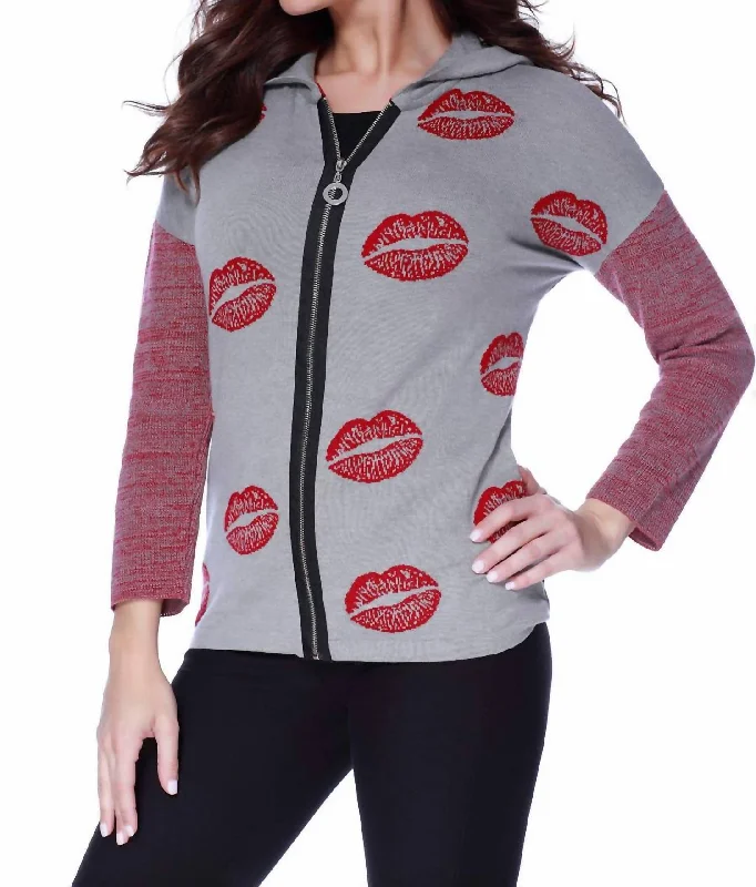 Party Wear Kisses Me Hooded Cardigan In Gray/red