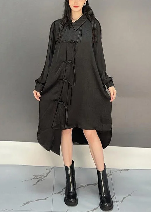 Unique Fashion Loose Black Asymmetrical Chinese Button Cotton Shirts Dresses Fall