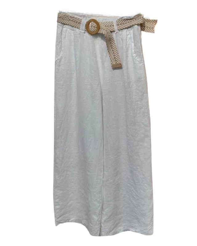Noble And Elegant Linen With Belt Pant In White