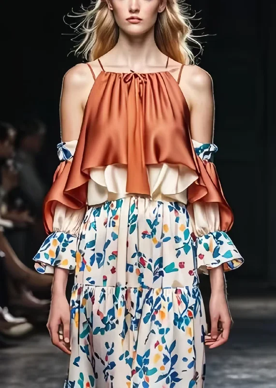 Urban Sense Elegant Brown Cold Shoulder Patchwork Print Silk Dresses Spring