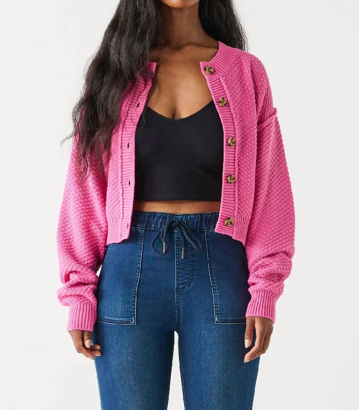 Comfort Fit Low Key Sweater Cardigan In Bubblegum Pink