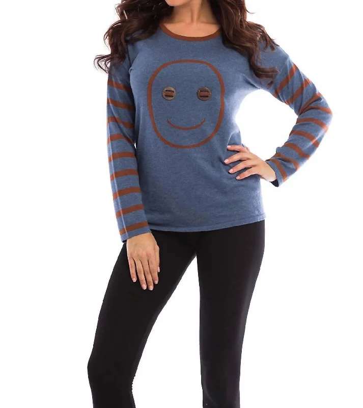 Sports And Leisure Wood Button Smiley Face Pullover In Denim/mocha