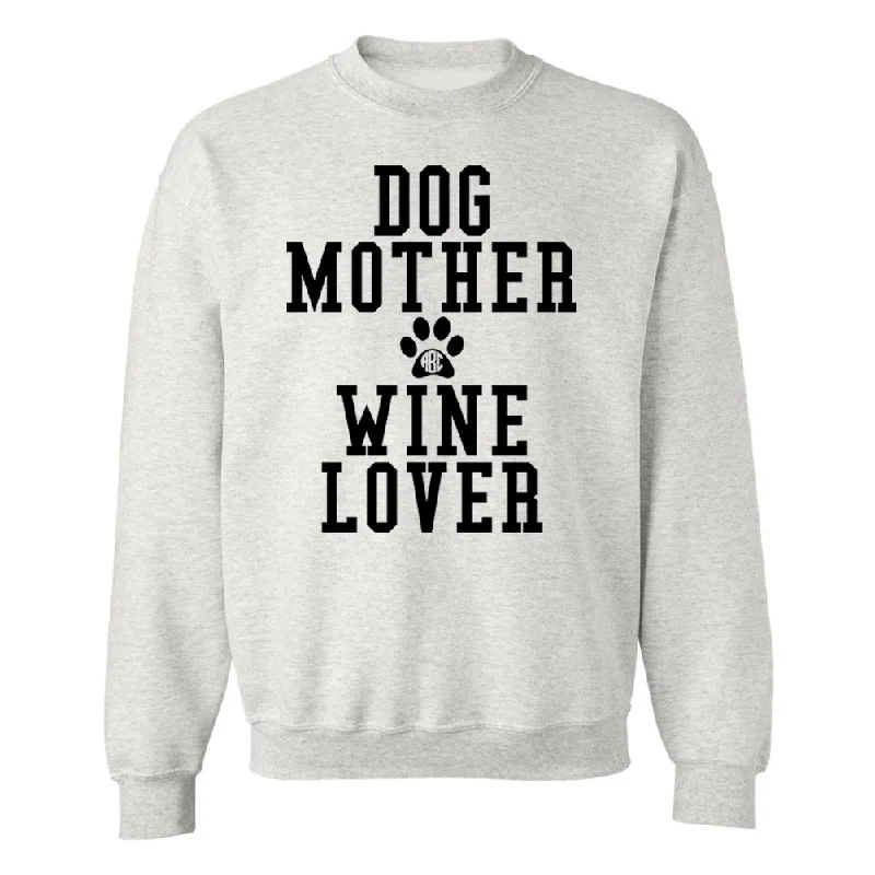 Single-shoulder Neck Design Monogrammed 'Dog Mother, Wine Lover' Crewneck Sweatshirt Single-shoulder Neck Design Monogrammed 'Dog Mother, Wine Lover' Crewneck Sweatshirt