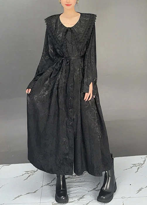 Fashion Classic French Black Sailor Collar Button Print Cotton Dresses Fall