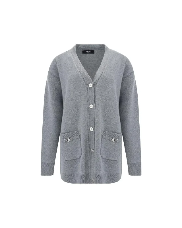 Trends Versace Virgin Wool Long Cardigan with Applique Logo and Patch Pockets