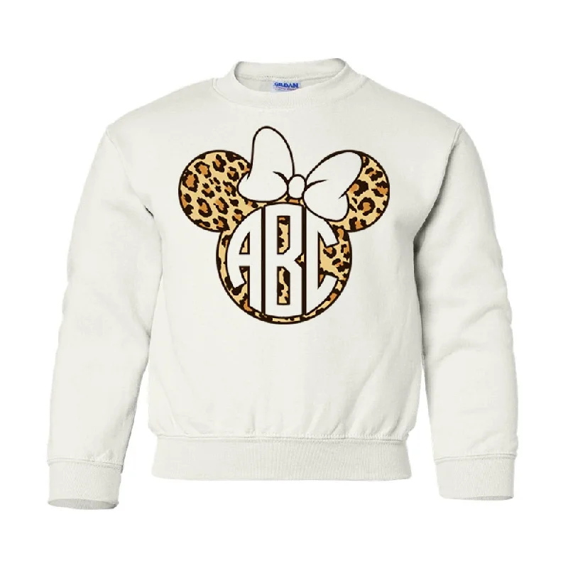 New Season Series Kids Monogrammed 'Leopard Minnie' Crewneck Sweatshirt