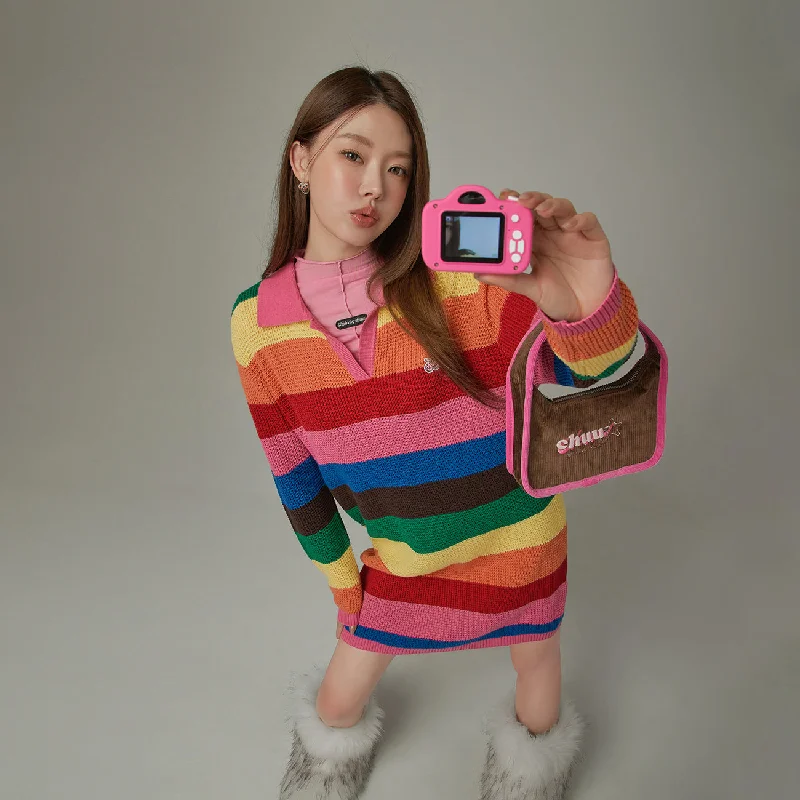 Sports And Leisure Open Collar Rainbow Knit Dress