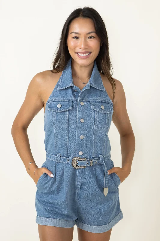Modernism ACOA Western Halter Romper for Women in Denim | ACR20348-DENIMBLUE