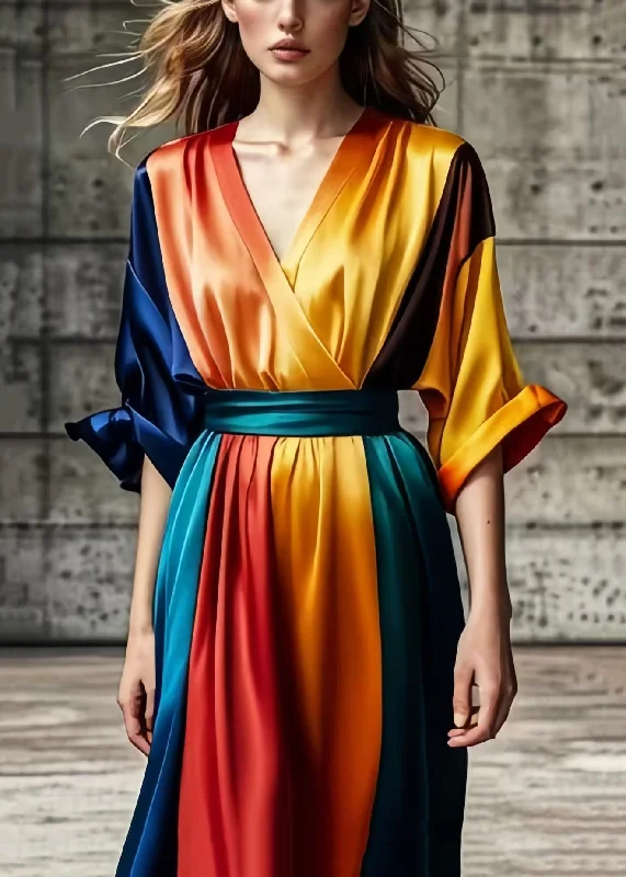 Classic Series Women Colorblock V Neck Tie Dye Silk Vestidos Dresses Summer