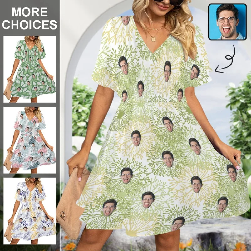 Cozy Footwear Custom Face Leaves V-Neck Women's Elastic Waist Casual Dress