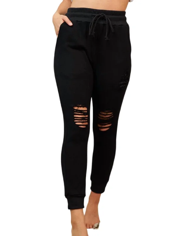 British Style Solid Knit Distressed Fitted Jogger In Black