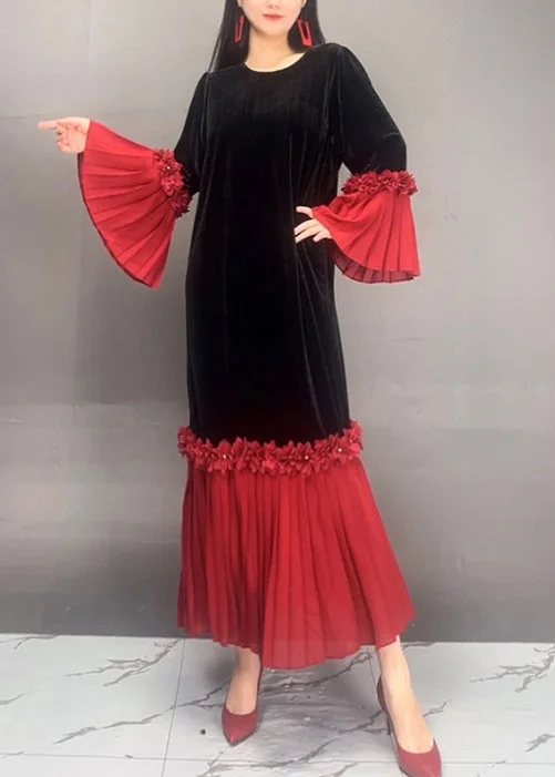 Classic Style Beautiful Red O Neck Chiffon Patchwork Velvet Dresses Flare Sleeve