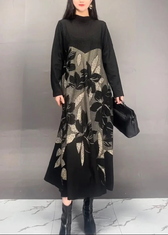 Retro Prints Art Black Stand Collar Print Patchwork Cotton Dresses Fall