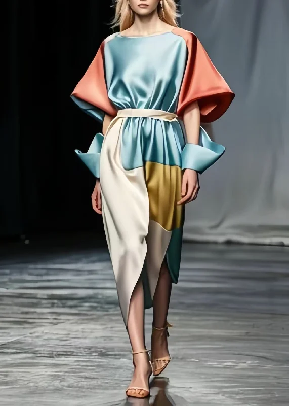 Classic And Versatile Elegant Sky Blue Tie Waist Patchwork Side Open Silk Dresses Puff Sleeve
