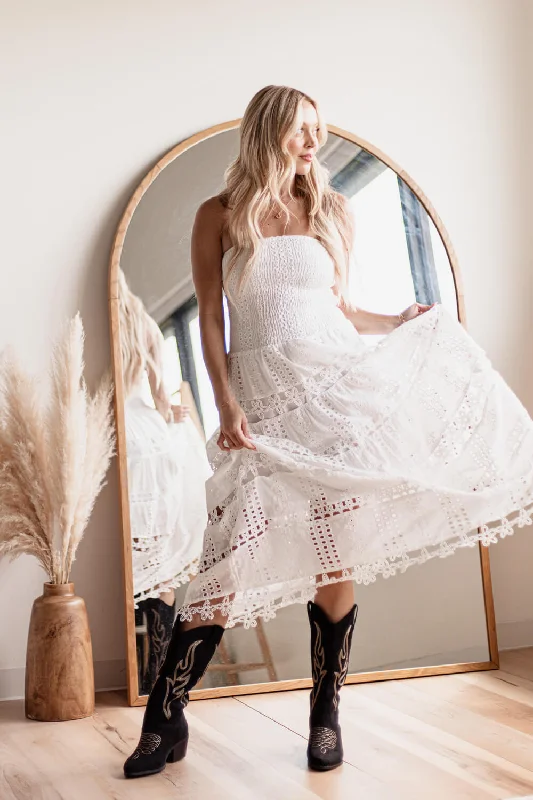 Classic Items Eyelet Lace Strapless Midi Dress for Women in White | D-2192-H-WHT