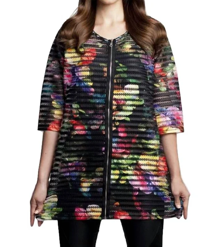 Cool Summer Textured Floral Long Cardigan In Black Multi