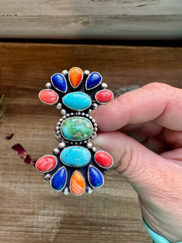 Light Comfort Long Ring- Size 6 - mix stone turquoise, spiny and sterling silver