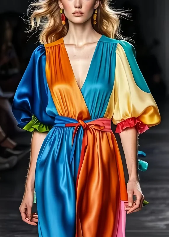 Double-sided Wear Art Peacock Blue Patchwork Silk Cinched Dresses Puff Sleeve