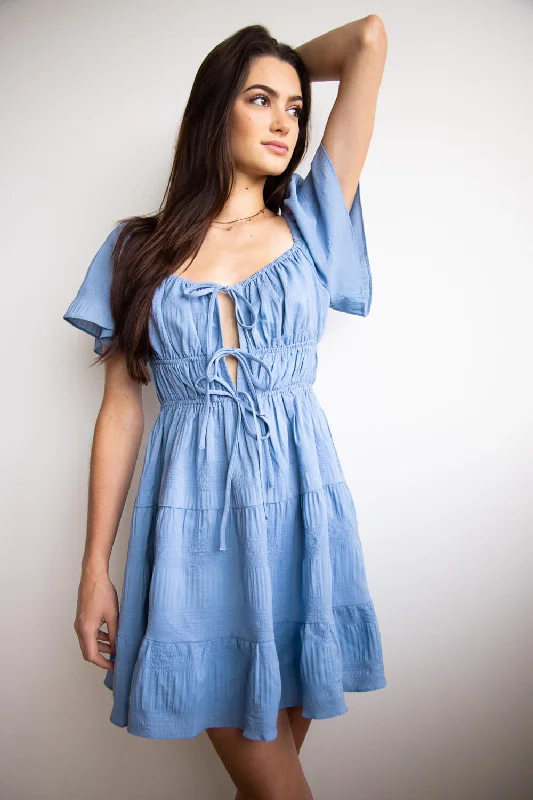 Celebrity Style ACOA Tie Front Tiered Gauze Dress for Women in Blue | ACD70528-BLUE