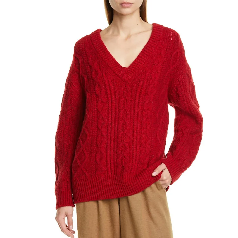 Cozy Apparel V Neck Cable Knit Sweater In Cherry