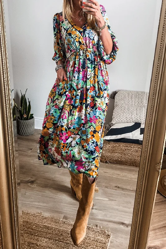 Free And Comfortable Green Boho Floral Puff Sleeve V Neck Tassel Drawstring Midi Dress