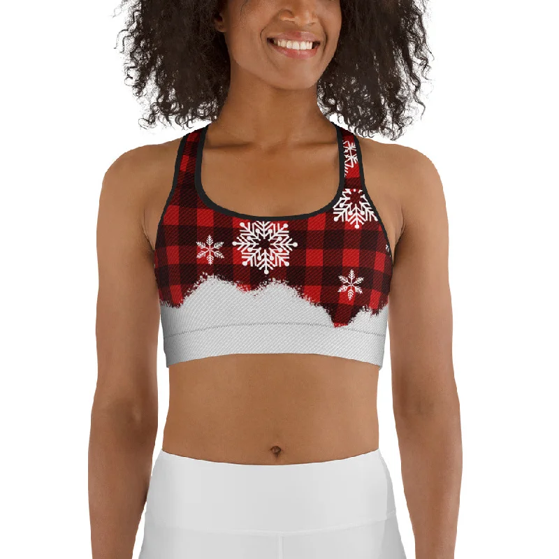 Cozy Street Style Snowy Plaid Perfection Sports Bra