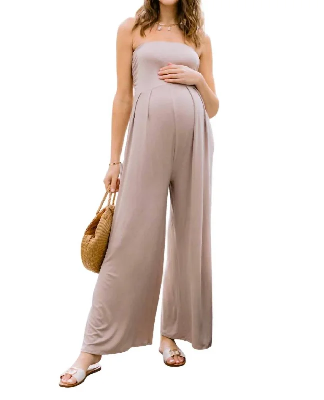 Fashion Concept Ruched Maternity Jupmsuit In Mocha