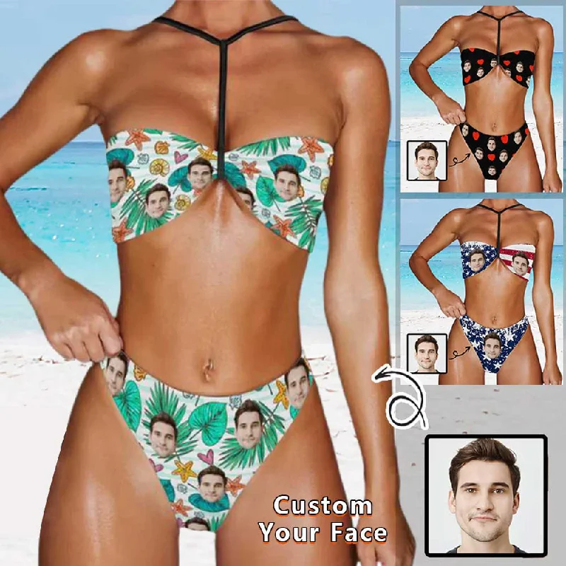 Effortless Outfits Custom Face Leaves Triangle Halterneck Bikini Personalized Two Piece Swimsuit