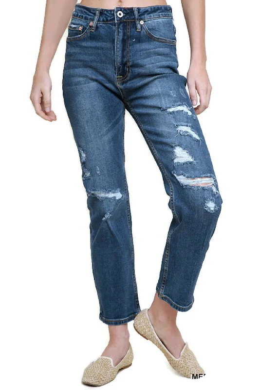Elegant Fit Distressed High Waist Straight Leg Jean In Medium Wash