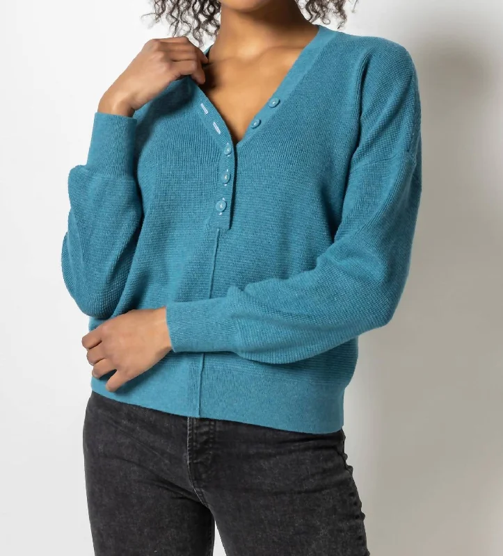 Trendy Layers Easy Button Henley Sweater In Baltic Blue