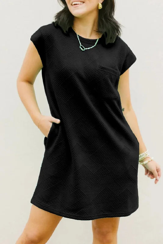 Elegant Temperament Black Plain Textured Pocketed Cap Sleeve Mini Dress