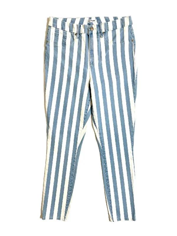 Classic Retro Women's Good Legs Crop Skinny Striped Jeans In White Blue