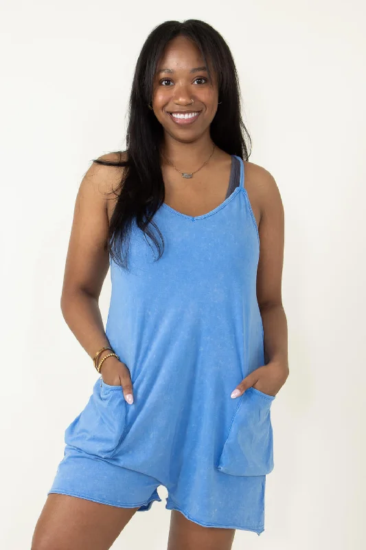 Sexy Fun Mineral Washed Onesie Romper for Women in Blue | NP70359-COBALTBLUE
