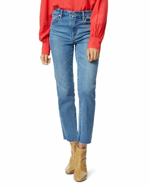 Easy Comfort Style Lilly High Rise Distressed Raw Hem Straight Leg Jeans In Sapphire Blue