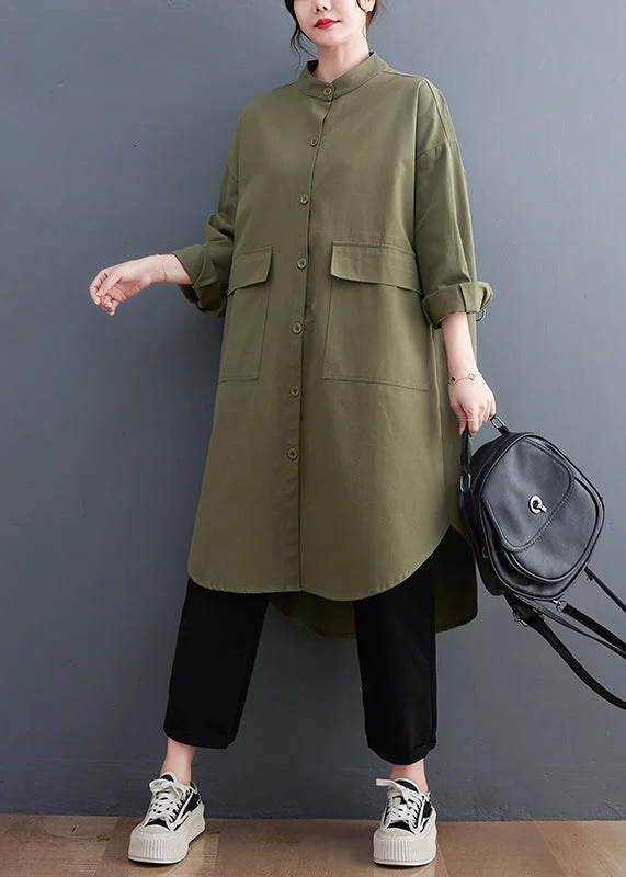 Relaxed Fashion Army Green Oversized Cotton Shirt Dresses Pockets Fall
