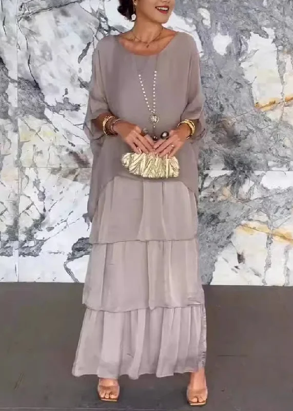 Cool Summer French Grey O Neck Solid Chiffon Dresses Batwing Sleeve