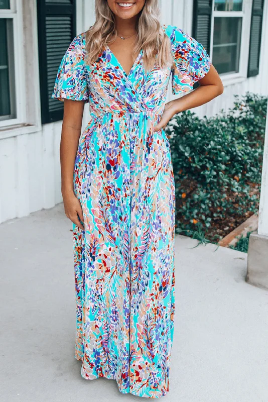 Comfortable Sweaters Abstract Botanic Print Wrap V Neck Short Sleeve Maxi Dress