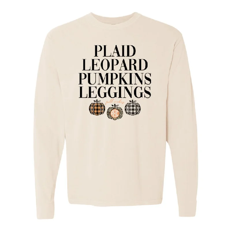 Relaxed Chic Monogrammed 'Plaid, Leopard, Pumpkins' Long Sleeve T-Shirt