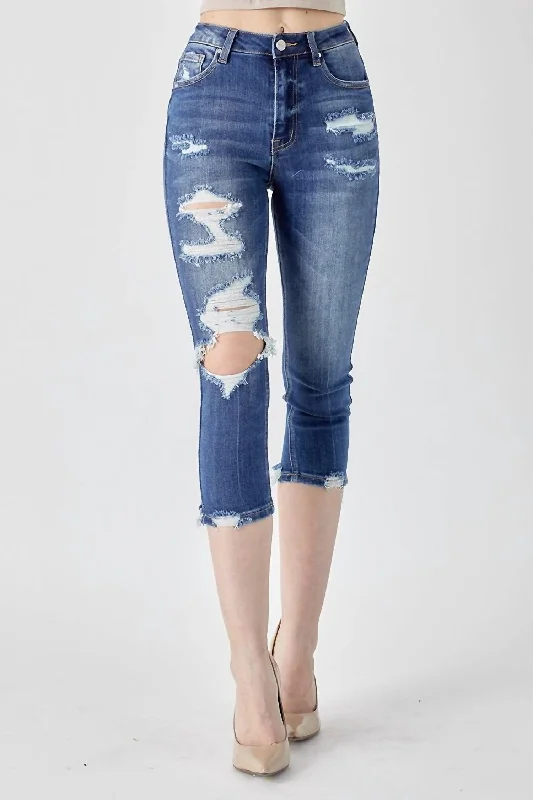 Designer Style High-Rise Distressed Capri In Dark Wash