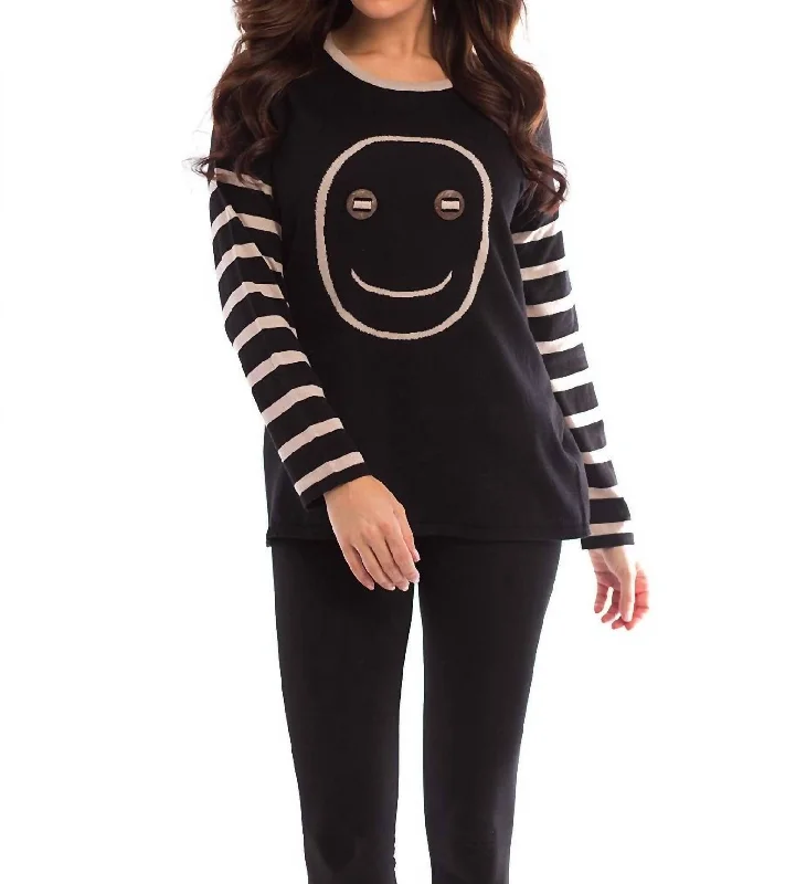 Elegant And Noble Wood Button Smiley Face Pullover In Black/stone